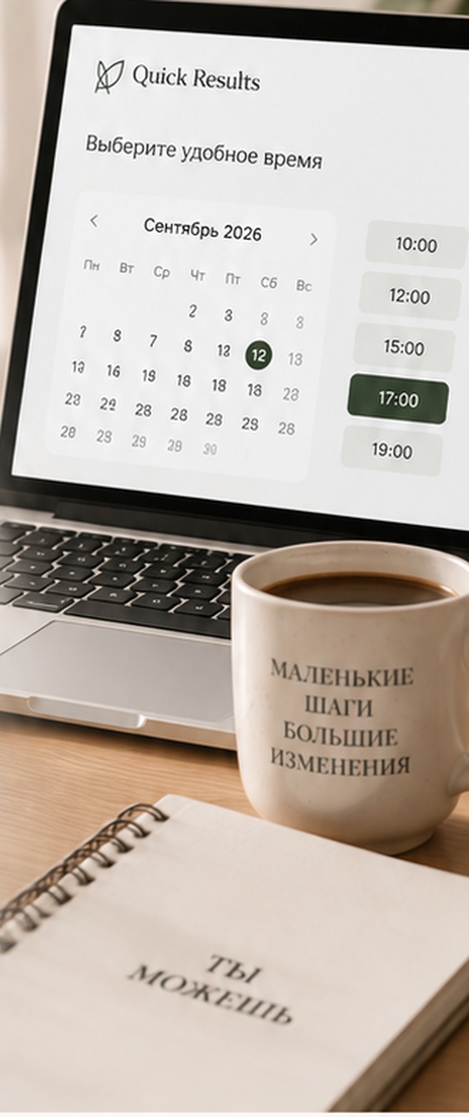 Запись на сессию: календарь на ноутбуке, кружка «Маленькие шаги — большие изменения» и блокнот «Ты можешь»
