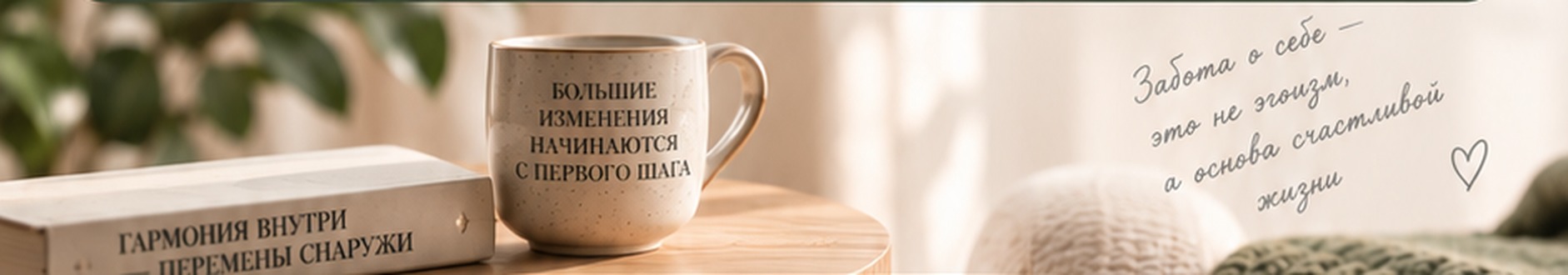 Книга «Гармония внутри — перемены снаружи», кружка и надпись «Забота о себе — это не эгоизм, а основа счастливой жизни»